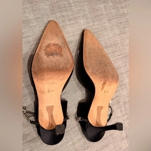 Manolo Blahnik Black Heels with Crystal Ankle and Emblem Embellishments, 37.5